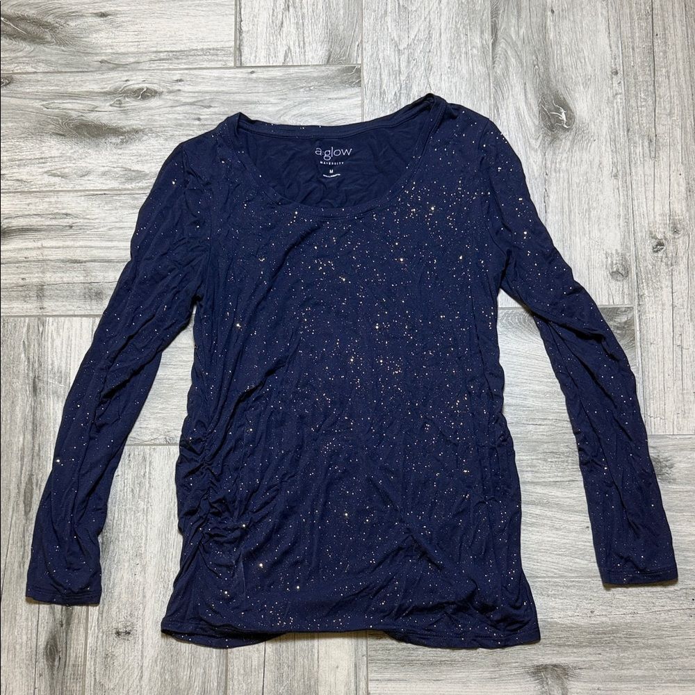 a:glow Maternity Navy Long Sleeve Metallic Fleck Top Medium